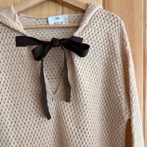 Allude Luxury Wool Cashmere Bow Hooded Sweater High-Low Basket Knit